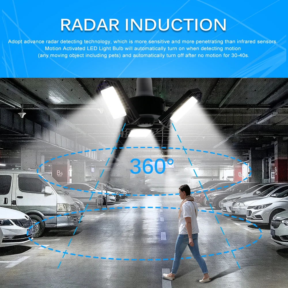 LED Garage Light AC85-265V 60W Radar Motion Sensor Deformable LED Lamp For Warehouse Workshop Industrial Lighting.