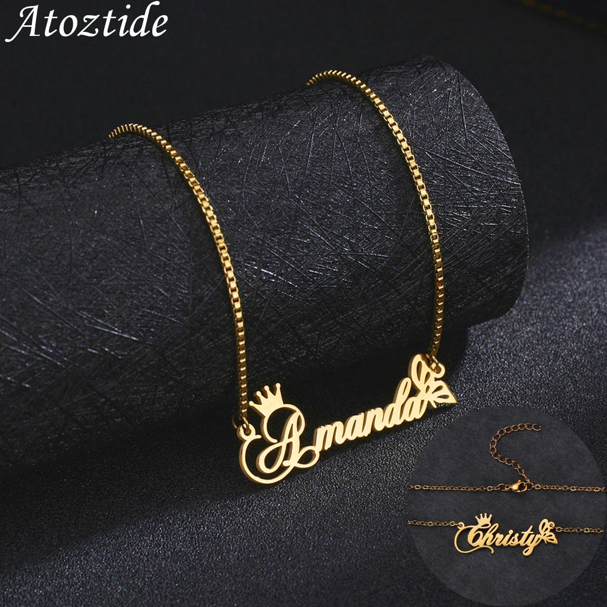 Atoztide Custom Name Necklace Crown Butterfly Stainless Stee Gold Color Nameplate Pendants Box Chain for Women Jewelry Gift