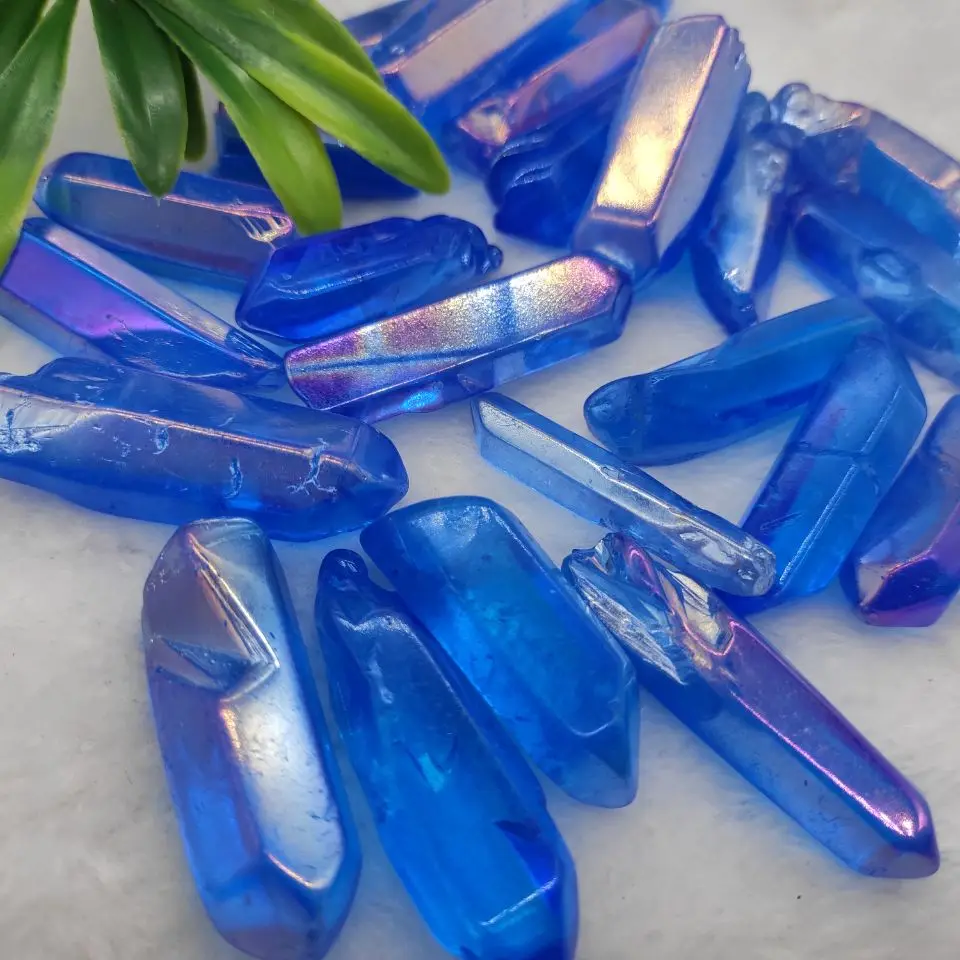 100g Aura angel quartz wand natural flame blue electroplating crystal point specimen Polished Healing