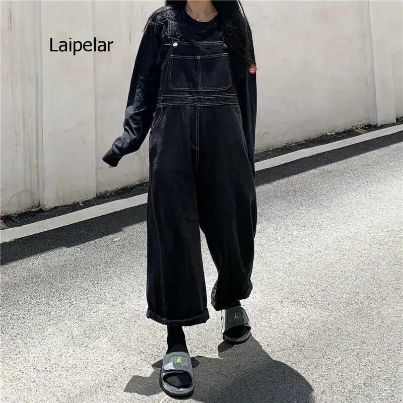 2021 Korean Denim Cute Oversize Japanese Style Vintage Loose Black Jumpsuit Wide Leg Overalls for Women