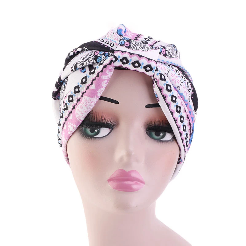 Fashion printing ladies Turban bonnet soft cotton arab wraps top Knot hijab caps women head scarf ready to wear ladies turbante