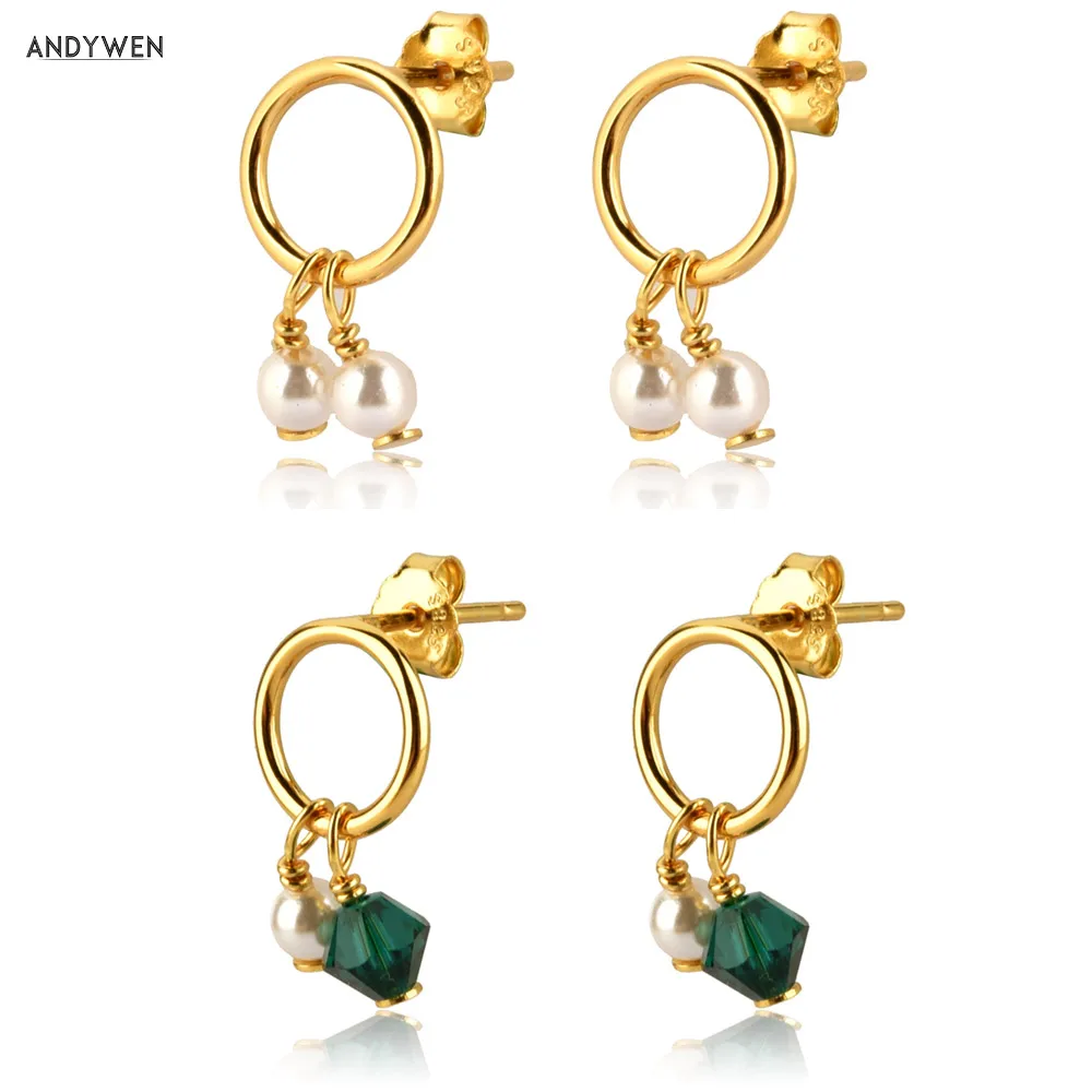 ANDYWEN 100% 925 Sterling Silver Gold Pearl Beads Stud Earring 2020 Fashion Fine Jewelry Crystal Luxury Women Piercing Ohrringe