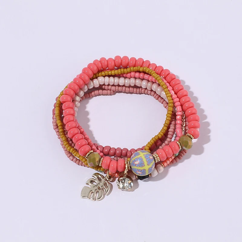 HANJING Bohemia Ethnic Multilayer Beads Bracelet & Bangle For Women Alloy Leaf Charm Wrap Bracelet Set Jewelry Femme Gift