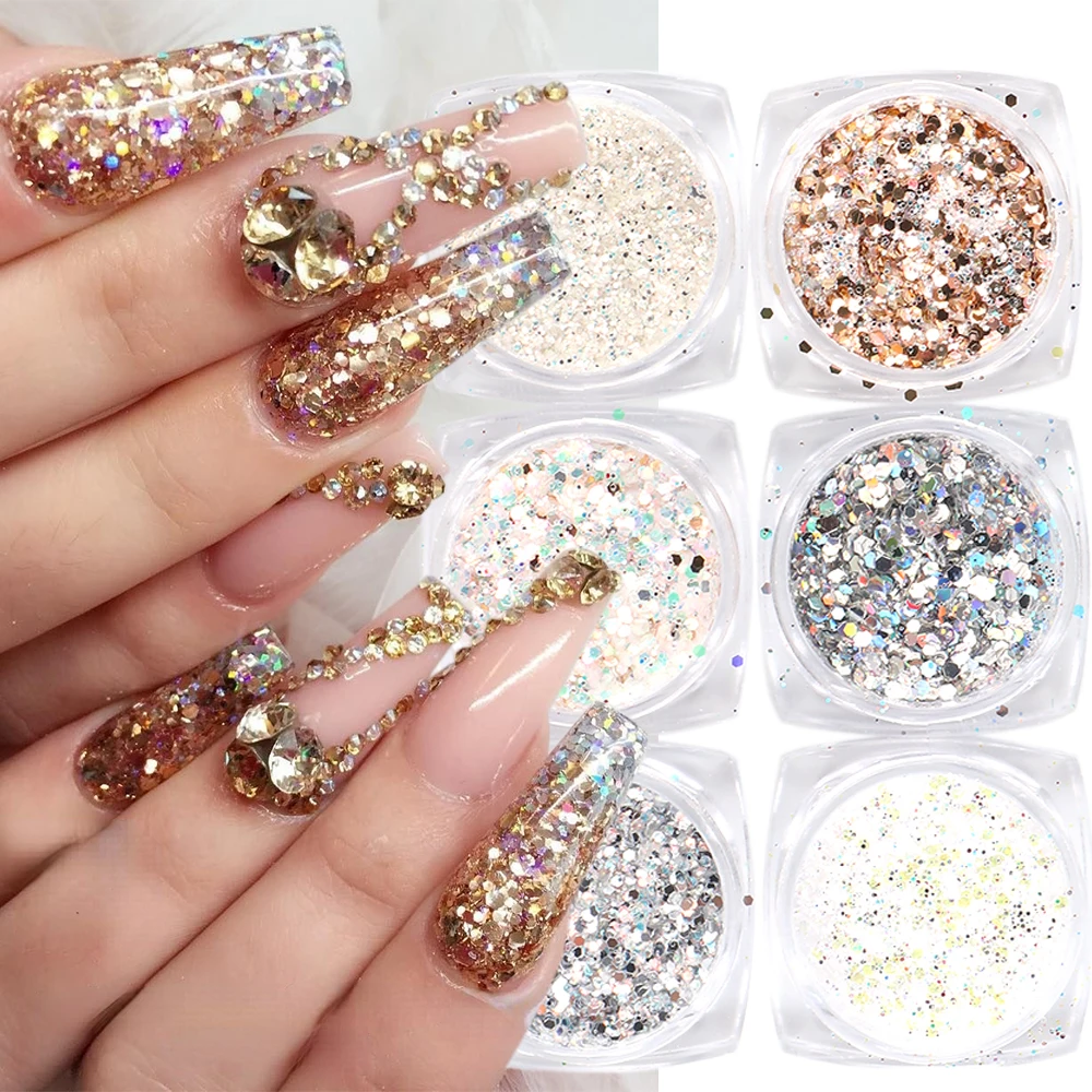 6pcs Mixed Nail Glitter Kit Champagne Hexagon Sequin Holographic Nail Powder Set White Dipping Dust Manicure Flakes GL1539-27