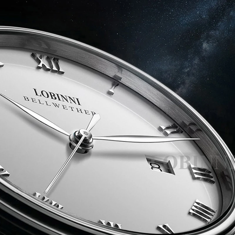 LOBINNI лучший бренд, классические автоматические механические часы из нержавеющей стали, мужские ультратонкие аналоговые водонепроницаемые часы с белым циферблатом