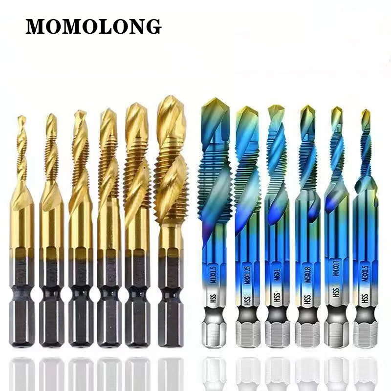 6PCS/Set M3-M10 Tap Drill Bits Shank Titanium Coated HSS Drilling Tap Bits Thread Screw Tools Machine Taps