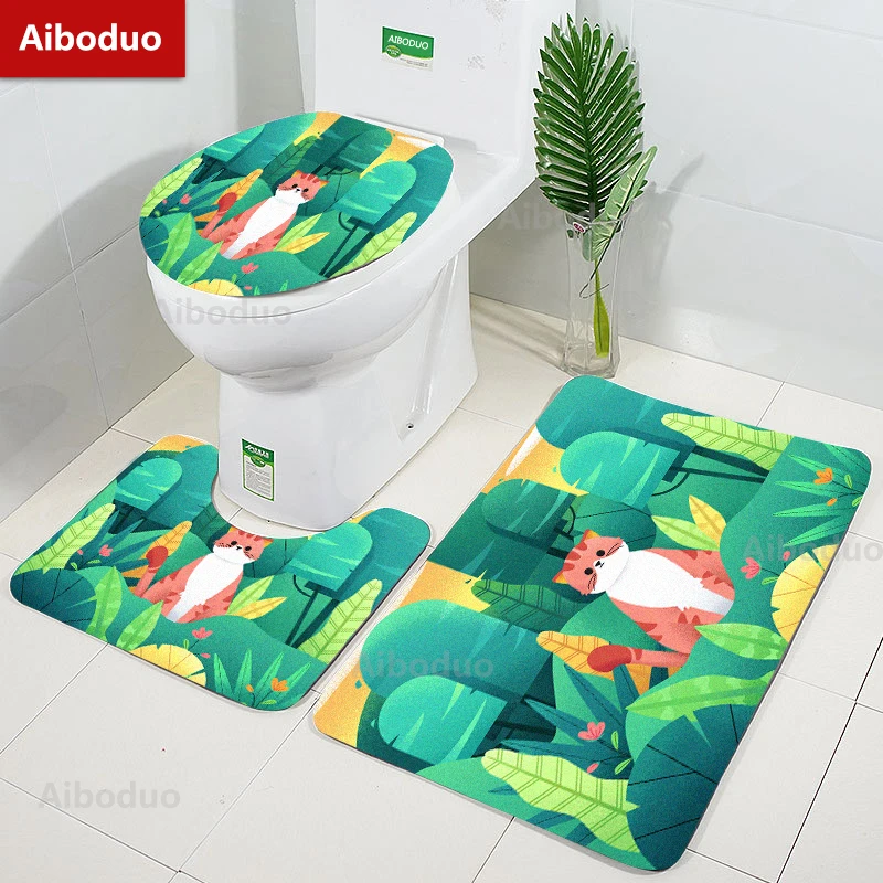 

Aiboduo Cartoon Cats 3pcs/set Non Slip Rug Toilet Lid Cover Set Bathroom Pad Carpet Cute Kitty Home Decoration Contour Bat Mat