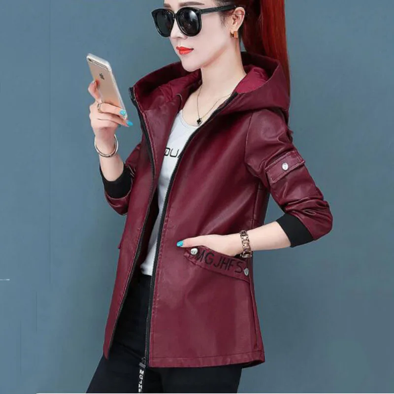 

New Autumn Winter Coat Add Velvet Thicken Female PU Leather Jacket Mid-Length Zipper Water Wash Women's Leather Trench Coat