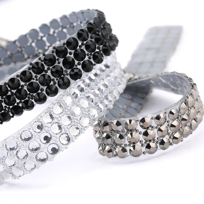 9mm 3 Rows Rhinestone 1 Yard Crystal Glass Hot Fix Sewing Trim Tape Applicator Ribbon With Rhinestones Appliques For Clothing image 2