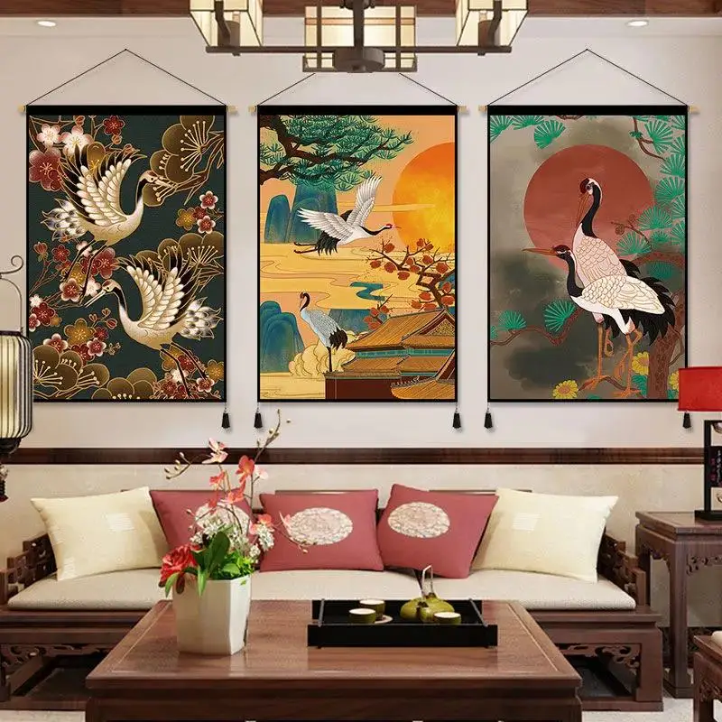 Chinese Style White Crane Decoration Canvas Wall Painting Art Bedroom Living Room Wall Art Wood Scroll Paintings Art Poster