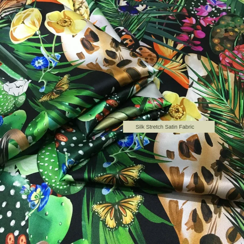 Customized 19mm Tropical Forest Animal and Plant Printing Real Silk Spandex Satin Fabric for Dress DIY