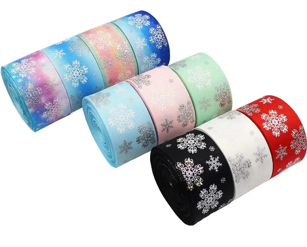 1-1/2 \'\'(38mm) 10Yards Laser argento inchiostro fiocco di neve cartone animato stampato nastro del Grosgrain copricapo fai da te confezione regalo