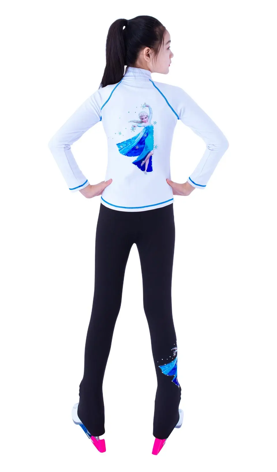 New Ice Figure Skating Jacket Pants Women Girl Trousers Top Black Teens Children Kids Colored Blue Rhinestones Training