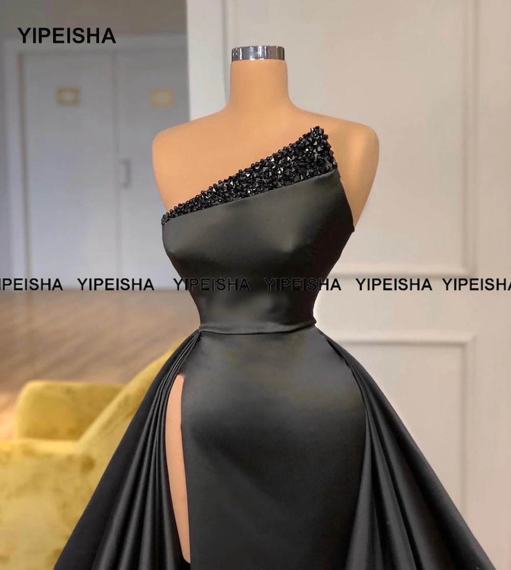 Yipeisha Seite Split Schwarz Prom Kleider Perlen Satin Formal Pageant kleid für Frauen Lange Abend Party Kleid Robe de Soiree