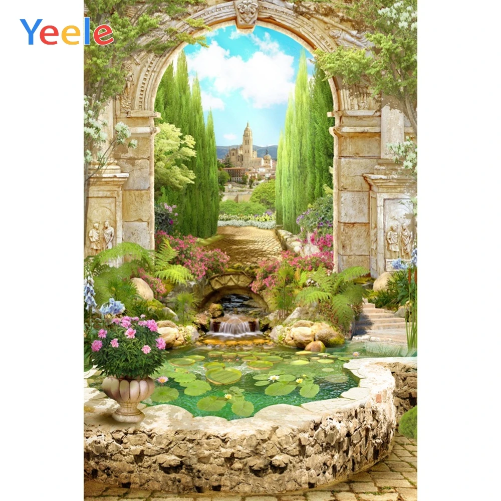 Yeele 해안 도시 돌 집 꽃 나무 사진 배경, 여름 정원 사진 배경, 사진 스튜디오에 맞춤