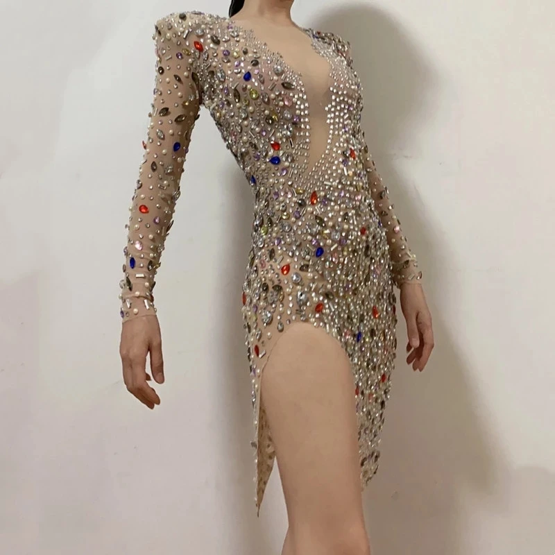 Luxury Fashion Transparent Crystal Birthday Party Dress Formal  Celebrity Catwalk Costume Rhinestones Mesh Prom Dresses