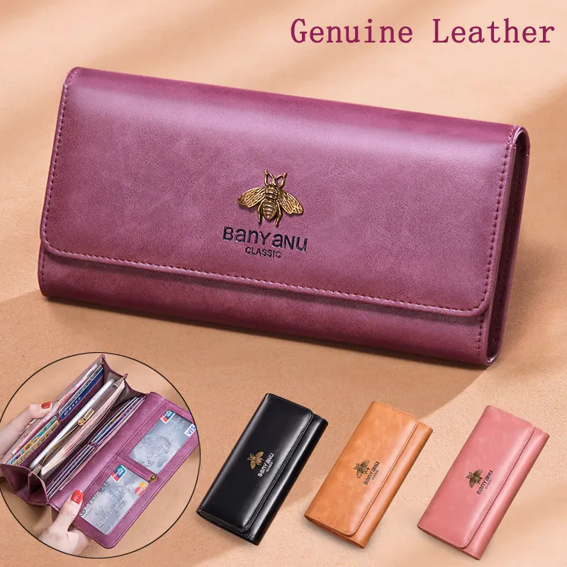 Fashion New 2019 Ladies Genuine Leather Wallet Women Luxury Hasp Purse Long Vintage Cow Leather Clutch Phone Wallets