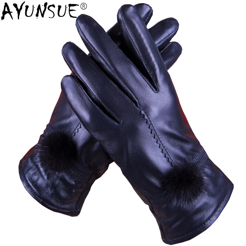 AYUNSUE New Women's Leather Gloves Winter Plus Velvet Gloves Famale High Quality Warm Riding Outwear Guantes Ciclismo SQQ368