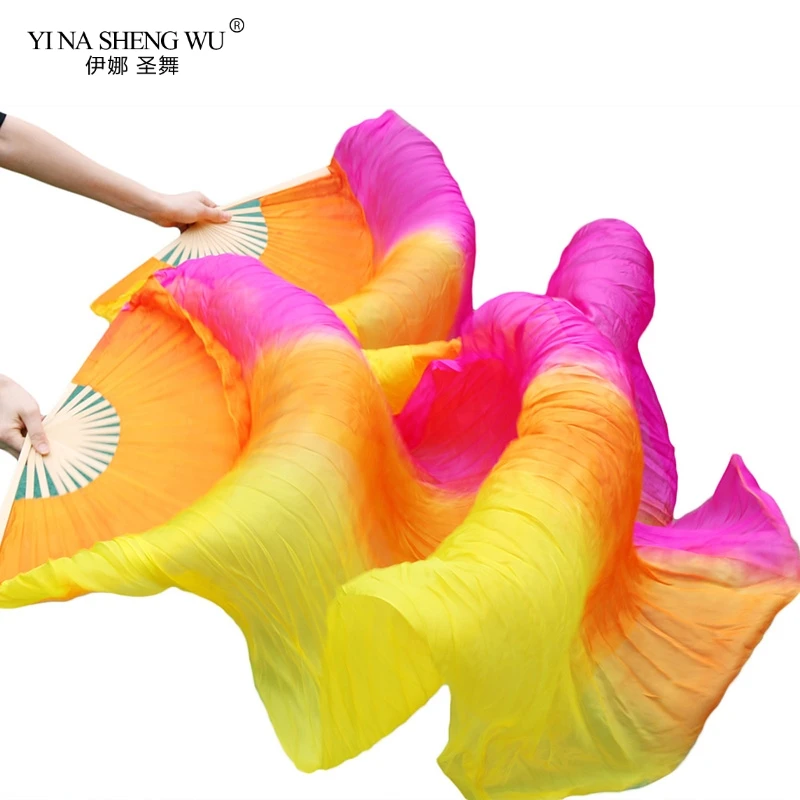 High Quality 1Piece Right Hand/1 Pair 100% Real Silk Veils Long Silk Fans Hand Made Colorful Belly Dance Accessory Fans on Sale