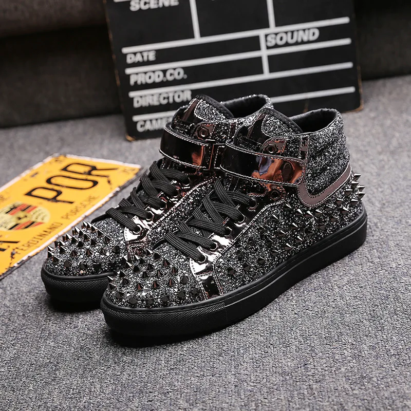 Spring Autumn Men Lace Up Bling Shoes Male Gold Silver Studs High Top Men Super Cool Sneakers Glitter Flats