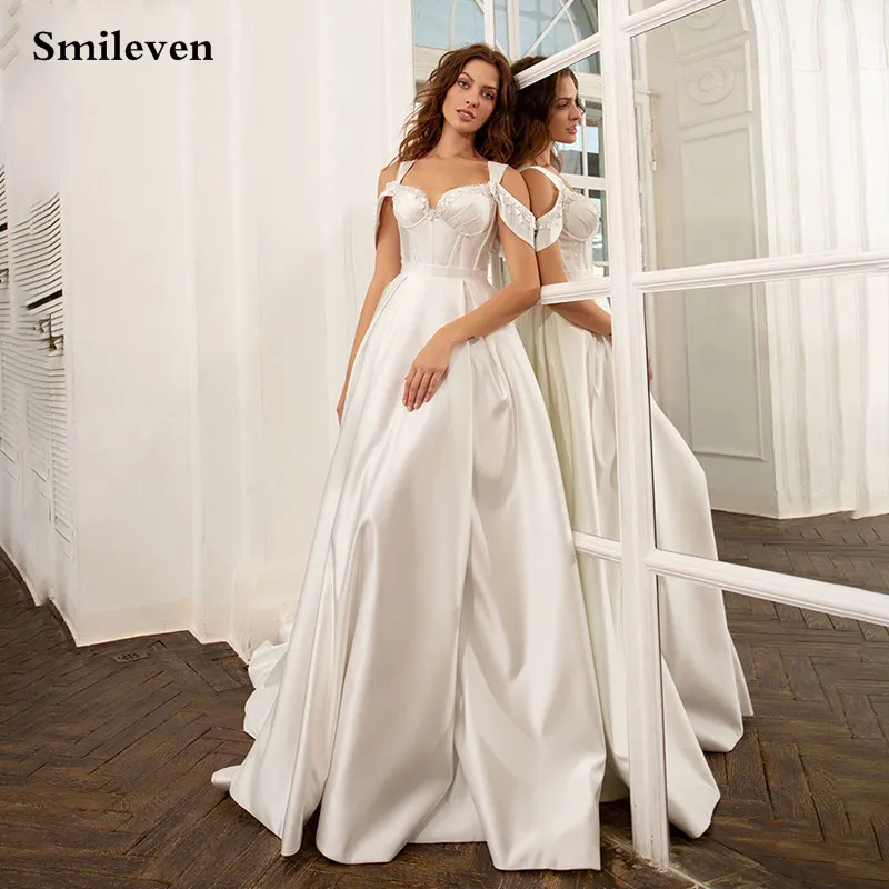 Smileven-vestido de novia de satén con cuentas de princesa, traje de boda con hombros descubiertos, estilo bohemio, hecho a medida, para playa y verano