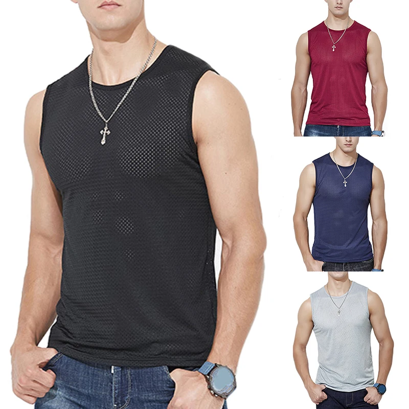 Men Tops Ice Silk Vest Outer Wear Quick-Drying Mesh Hole Breathable Sleeveless T Shirts 2021 Summer Cool Vest Beach Travel Tanks