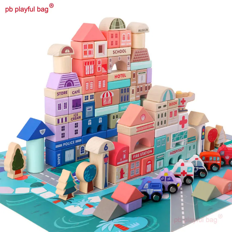 

PB Playful bag 115 pieces of wooden makaron city assembled building block DIY toys for children Many different combinations UG13