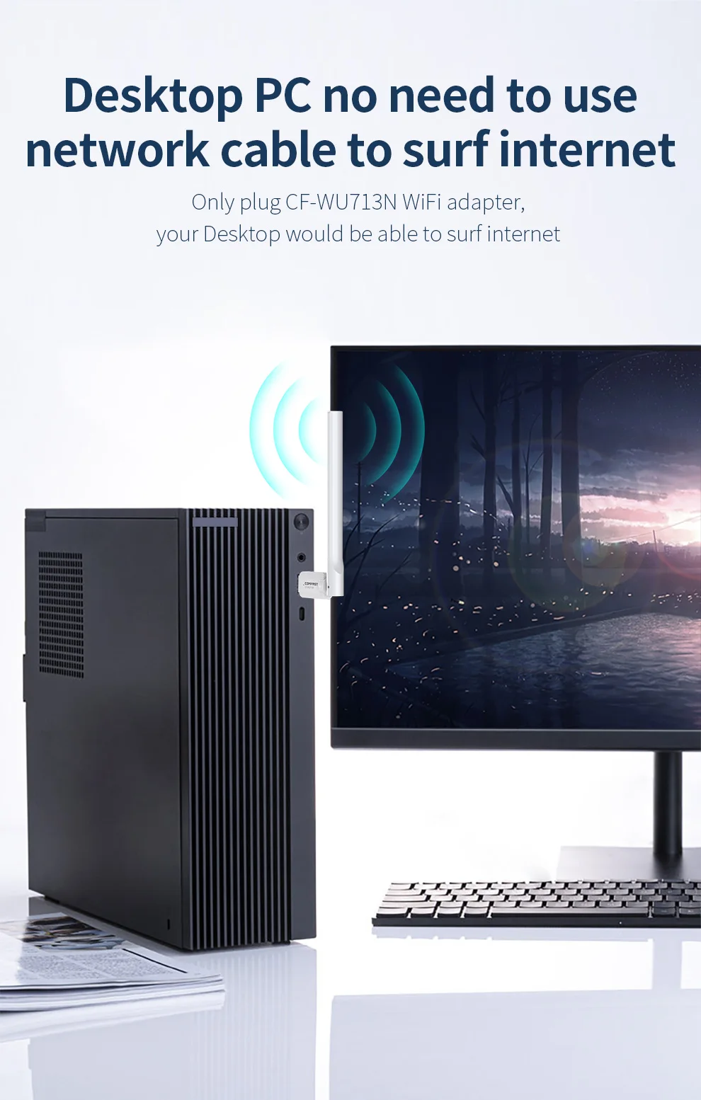 CF-WU713N 2.4GHz 150Mbps Adaptor WiFi Kartu Jaringan Nirkabel untuk Laptop Desktop Portabel USB 2.0 Wifi Eksternal Antena Gain Tinggi