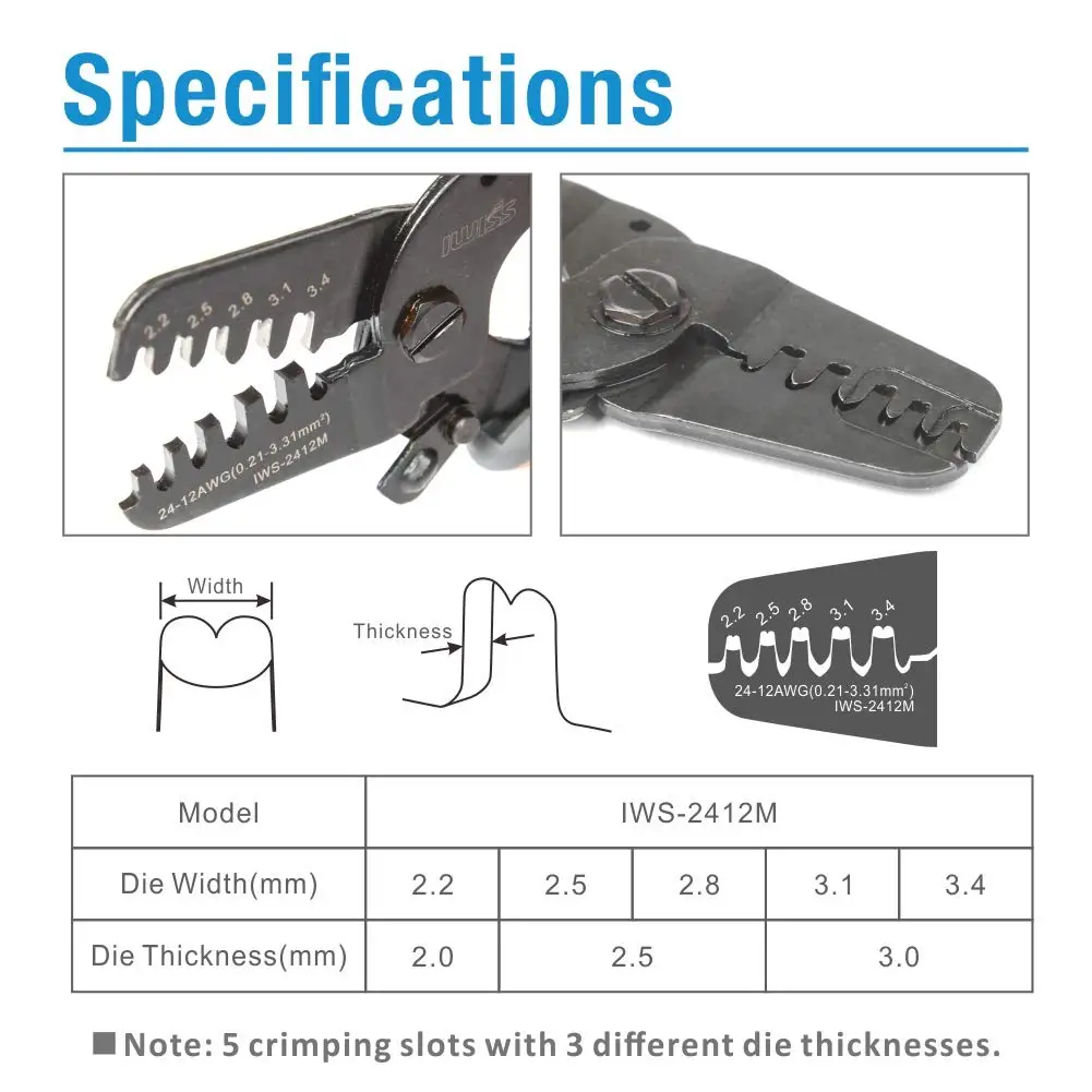IWISS IWS-2412 Open Barrel Crimping Plier Works on AWG24-12 JAM, Molex, Tyco, JST Terminals With 1000PCS Connectors Tool Kit