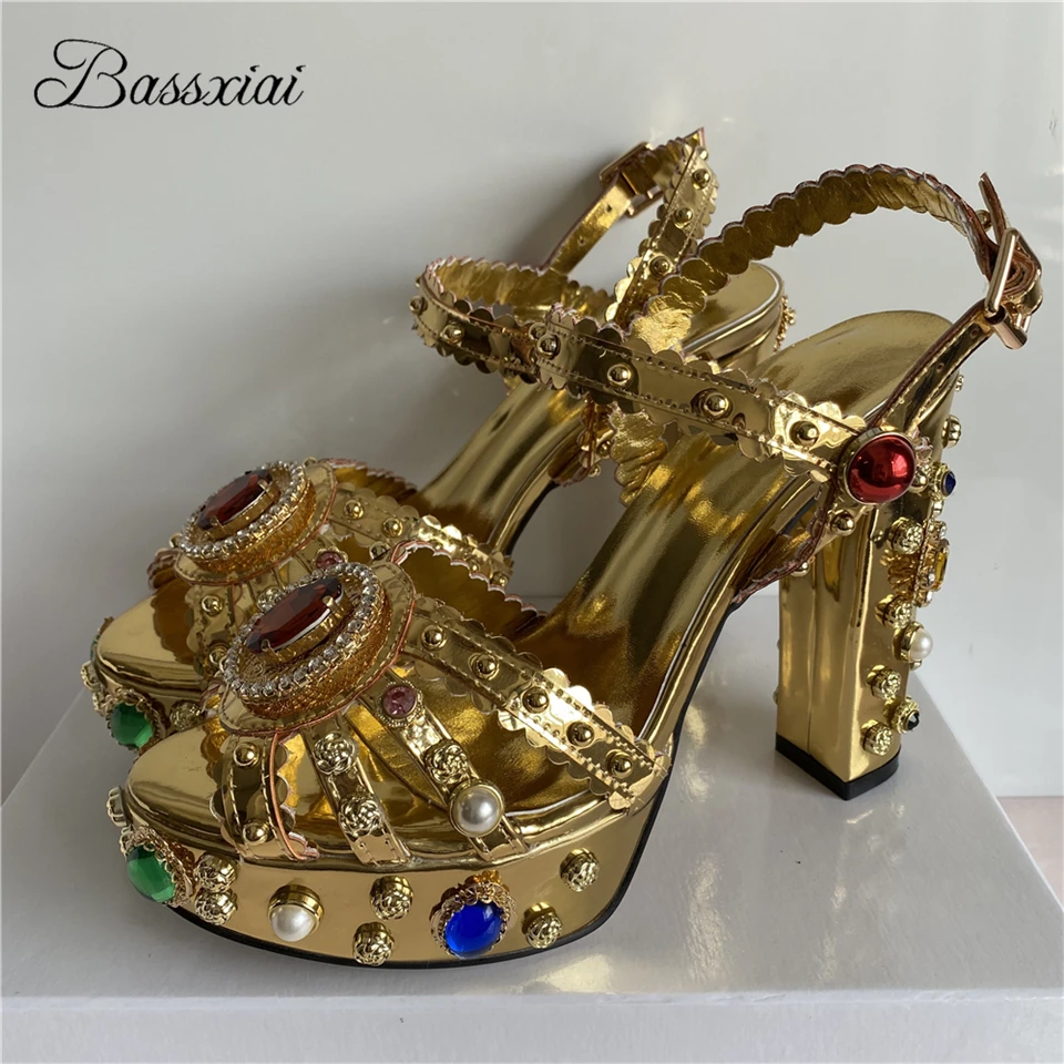 Luxury Diamond Chunky Heel Wedding Shoes Bridal High Platform Jeweled Rhinestone Ankle Strap Real Leather Sandals Women Summer