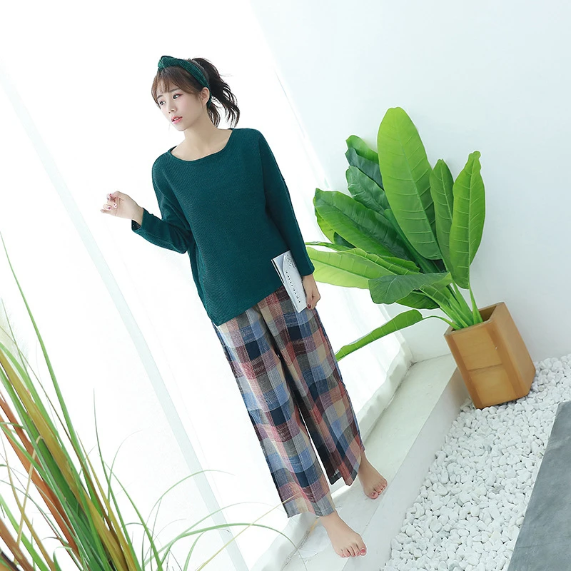 Pajamas lattice pants spring autumn models Korean knitted tops wide-leg pants home service two-piece simple fashion nightgown