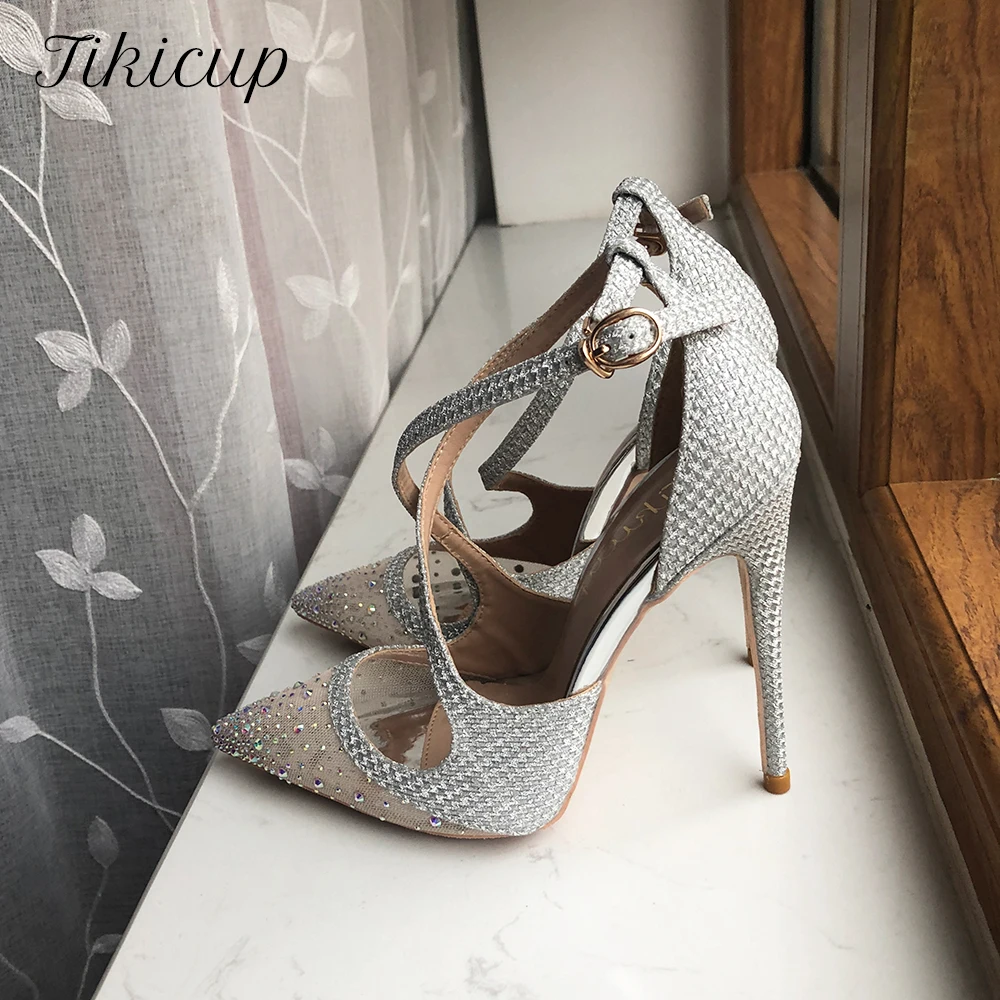 Tikicup Glitter argento paillettes donna cinturino incrociato garza punta a punta scarpe tacco alto estate donna Sexy Stiletto pompe taglia 33-45