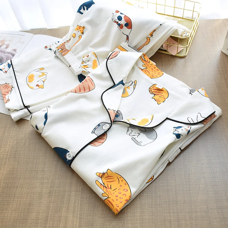 100% Cotton Sleepwear Women\'s Pajamas 2024 Cute Cat Print Cartoon Home Clothes 2Pcs Set Female Tops+Pants Nighties Pijama Suit