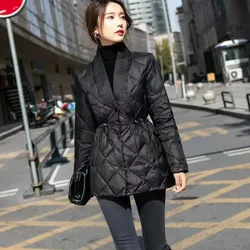 Winter New Korean Style Diamond Down Cotton Jacket Women Mid-length V-neck Waist Warm Chic Women Coat Thicken Quilted Jacket