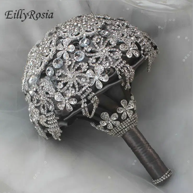 Eillyrosia strass borla nupcial bouquet cinza cetim prata cristais jóias casamento buquê noiva flores fita de seda luxo