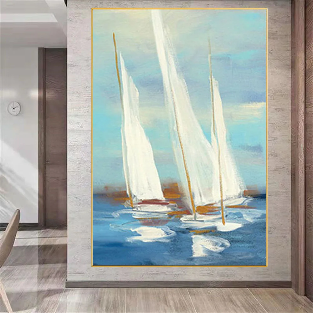 

Handpainted Oil Painting On Canvas White Gold Sea Boat Oil Paintings Abstract Modern Canvas Wall Art Living Room Decor Picture