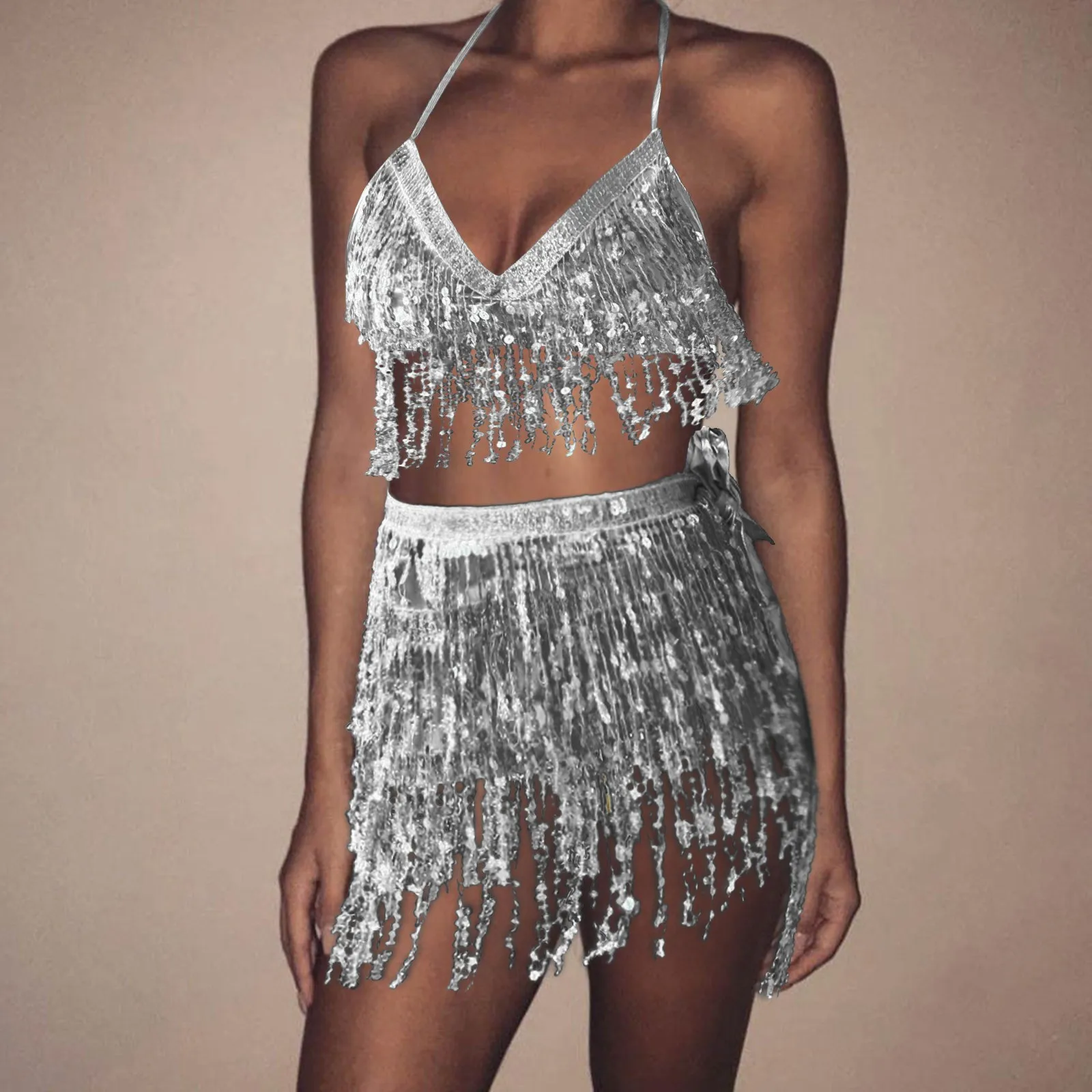 

Sequin Party Skirt Set Women Tassel Glitter Belly Wrap Mini Skirt Nation Tribe Club Shiny Dance Costume Two-Piece Outfit Faldas