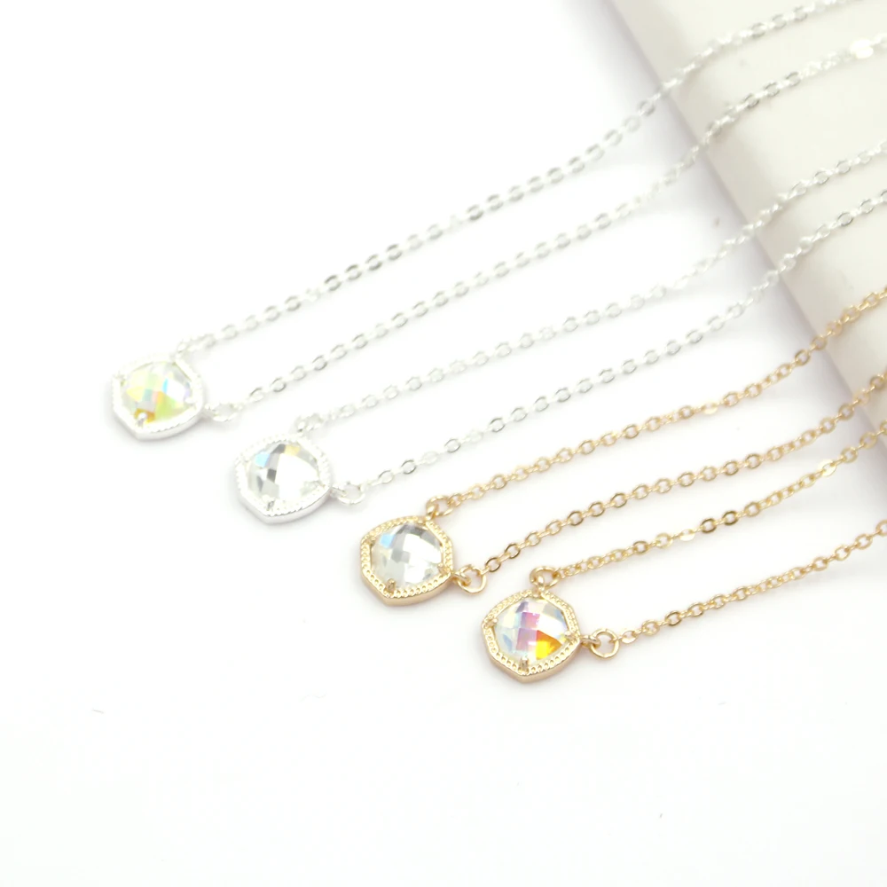 New Simple 5 Colors Geometric Candy AB Crystal Hexagon Pendant Necklace For Women