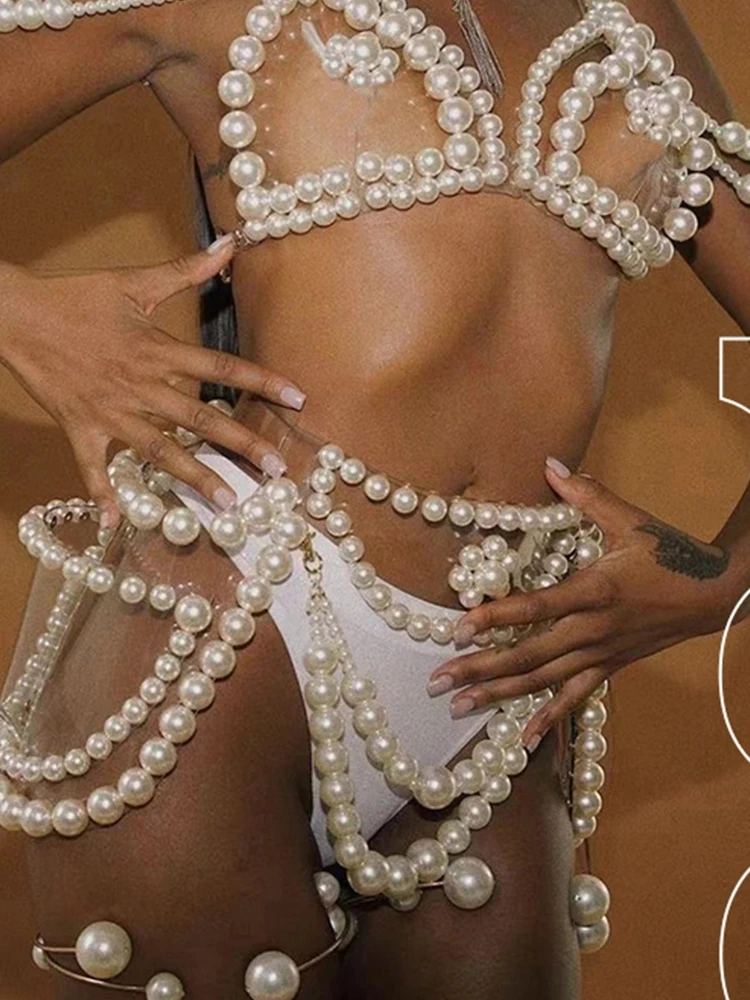 Party Dancer Clothes Sexy White Pearl Bikini Suit Women Nightclub Pole Dance Performance Costume Bar Ds Gogo Stage Rave Outfit