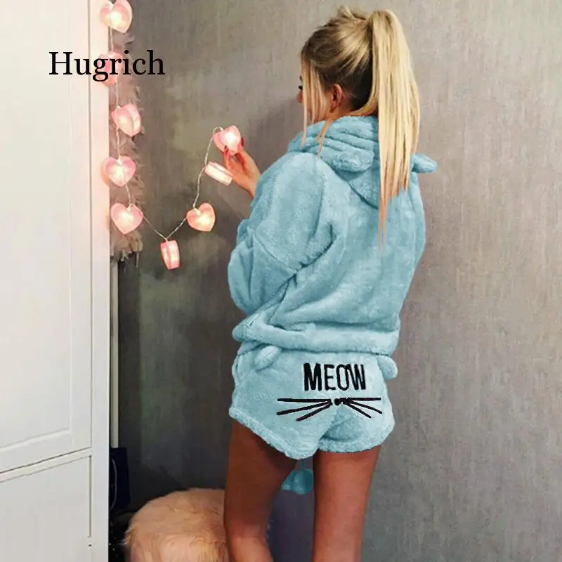 Women Pajama Sets Autumn Winter Flannel Cartoon Warm Pyjamas Animal Sleepwear Cat Cute Female Fashion Girls Homewear