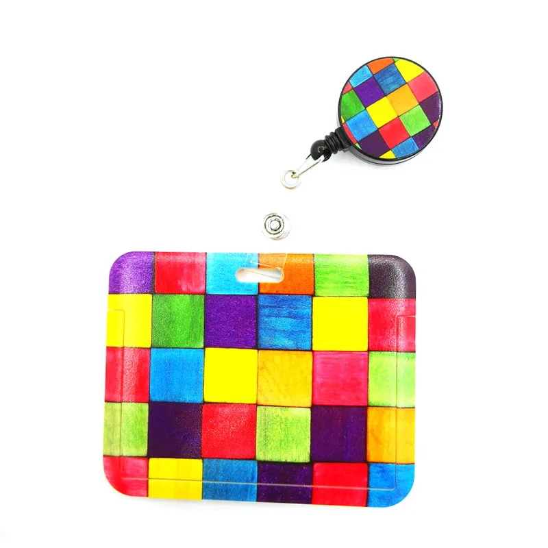 Rainbow lattice Pattern Cute Card Cover Clip Lanyard Retractable Student Nurse Badge Reel Clip Cartoon ID Cards Badge Holder