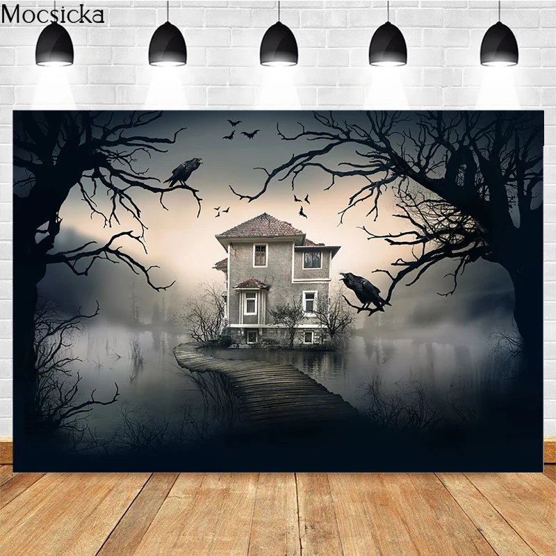 

Mocsicka Halloween Theme Photography Background Horror Forest Lake House Decoration Props Child Portrait Photo Backdrop Studio