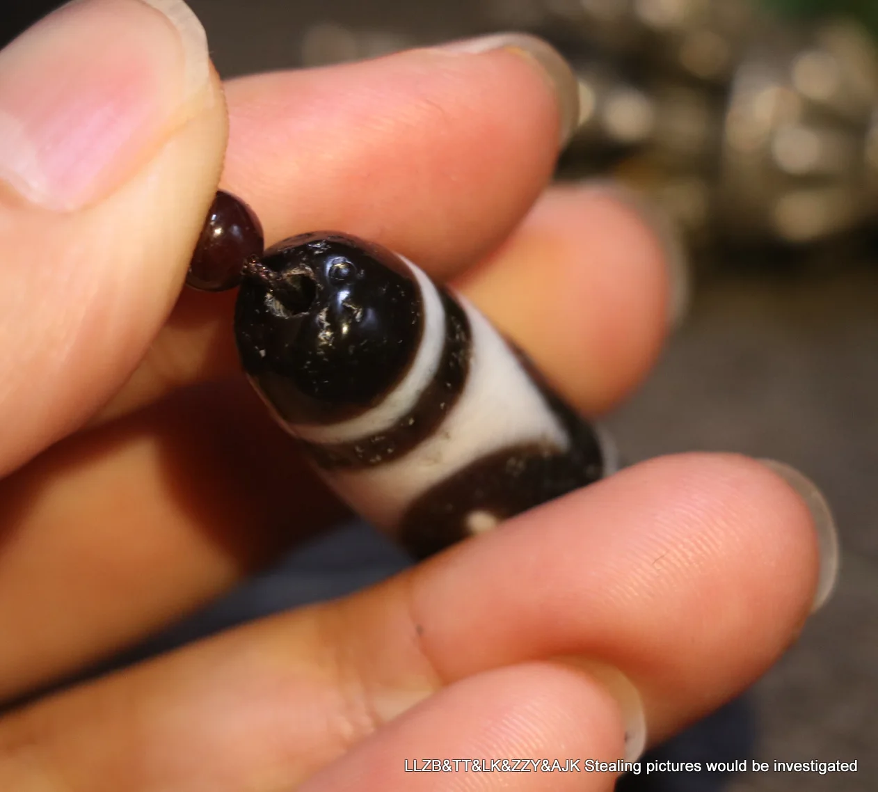 فريد ماجيك التبتية القديمة العقيق الزيتي حاد النمر الأسنان رمز dZi قلادة بها خرزات تميمة 3A UPD 210825 أ1 #4