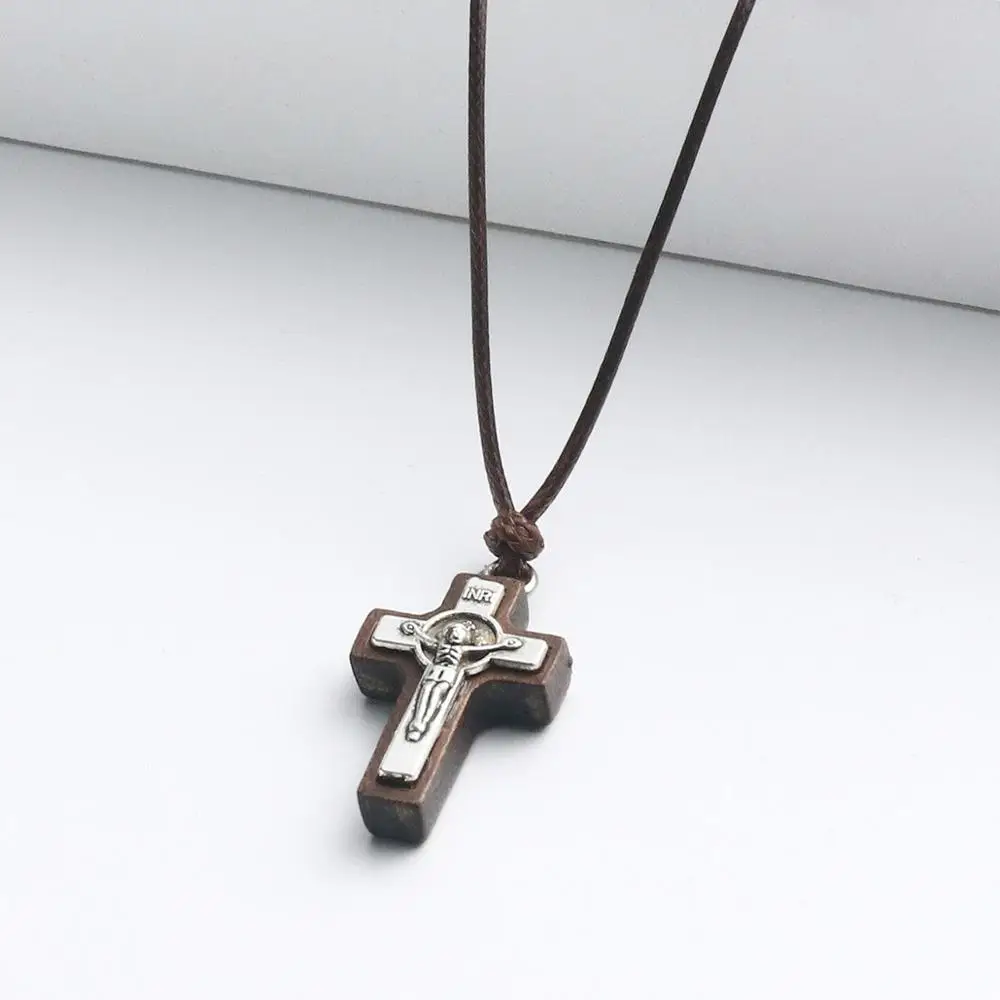 Natural Wood Jesus Crucifix Pendant Necklaces for Men INRI Catholic Cross Necklace Leather Adjustable Rope Chain Jewelry colar