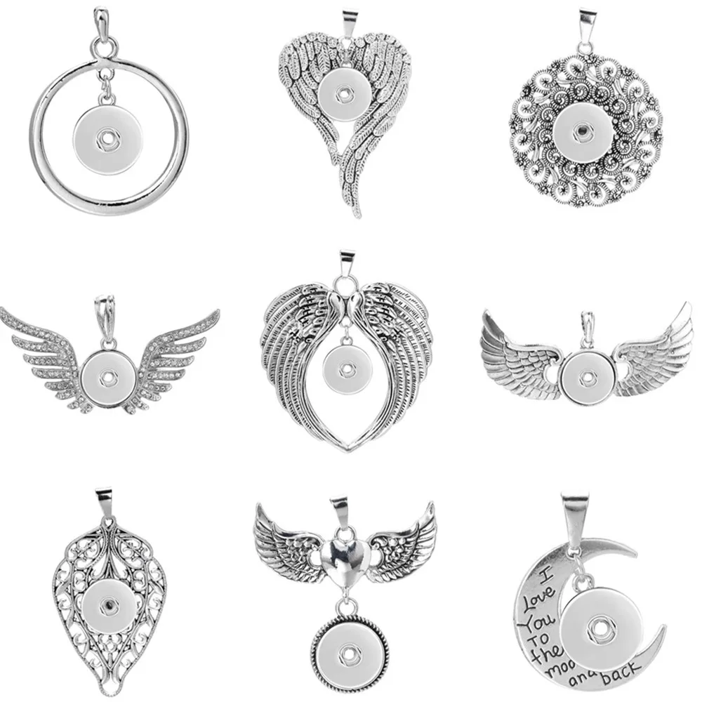 Vintage 18mm Snap Button Pendant Necklace With Angel Wings Feather Shape  Women Antique Silver Color For Snaps Jewelry