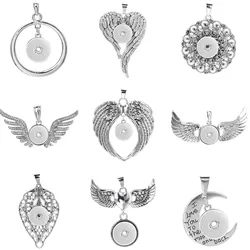 Vintage 18mm Snap Button Pendant Necklace With Angel Wings Feather Shape Women Antique Silver Color For Snaps Jewelry