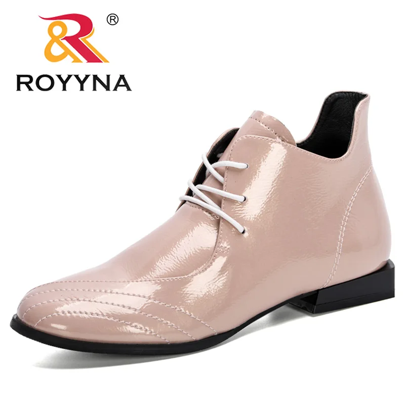 ROYYNA 2020 New Designers Ankle Boots Women Winter Single Shoes Low-heeled Patent Leather Round Toe Fashion Woman High Top Shoes