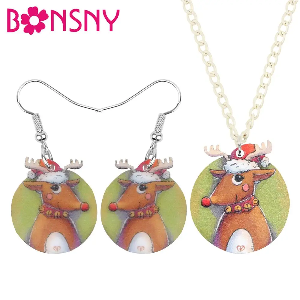 Bonsny Acrylic Christmas Elk Deer Antlers Round Jewelry Sets Necklace Earrings Decorations Jewelry For Women Girls Teen Kid Gift