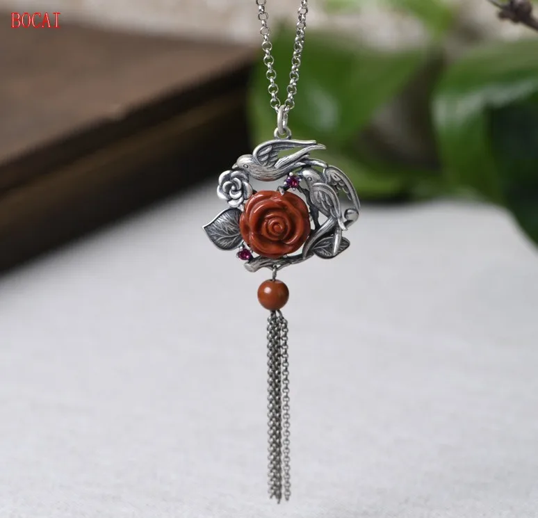 S925 Silver Retro Craft Fashion South Red Agate Pendant Wholesale Female Art Swallow Tassel Necklace