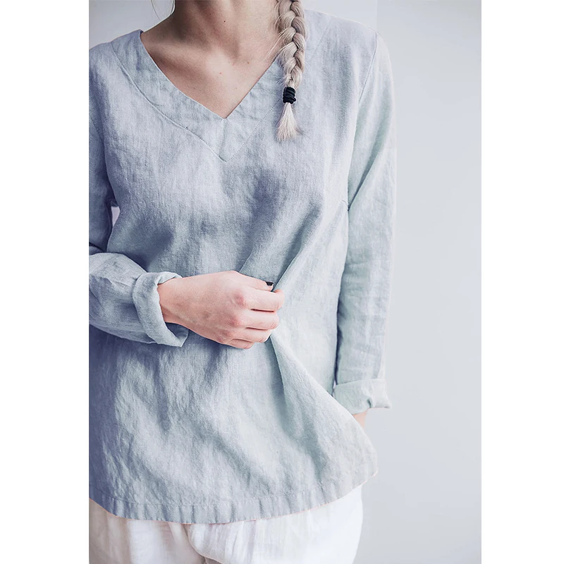 100% Linen V-Neck Long-Sleeve Shirt Autumn Women Basic Style Literary Simple T-Shirt Casual Loose Bottoming Shirts